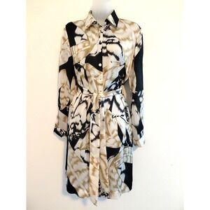 NWT Satin Tie Waist Shirt Dress MEDIUM Lightweight Olive Black Career Chic Sheer